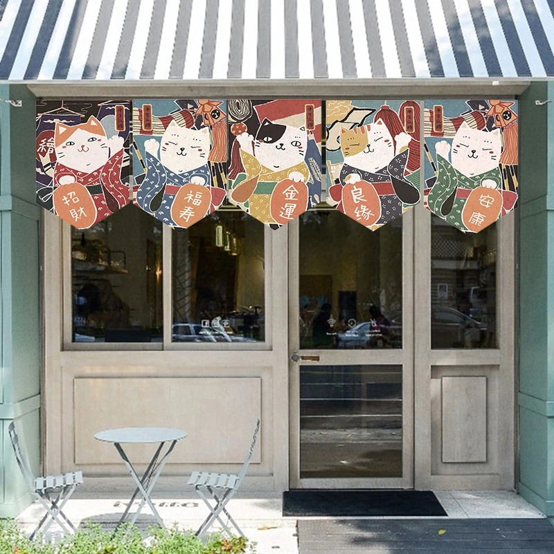 

Cartoon Japanese Short Door Curtain Velcro Lucky Cat Pattern Kitchen Partition Half-curtain Living Room Home Decor