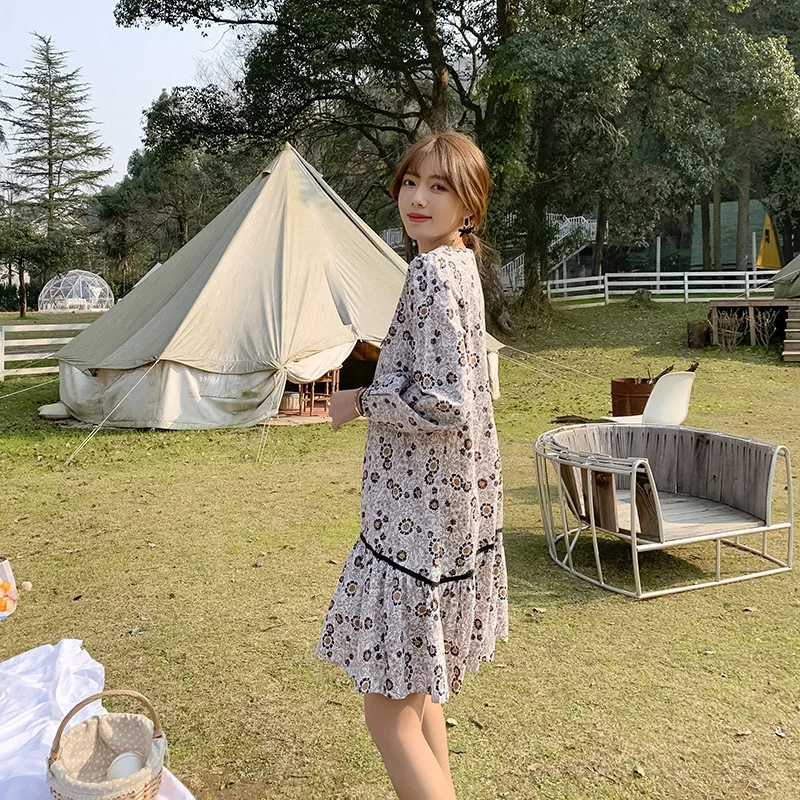 

Sweet Cottagecore Floral Pleated Dress Women Long Sleeve Peter Pan Collar Knee-length Dresses 2021 Spring Summer New Fashion Y2k