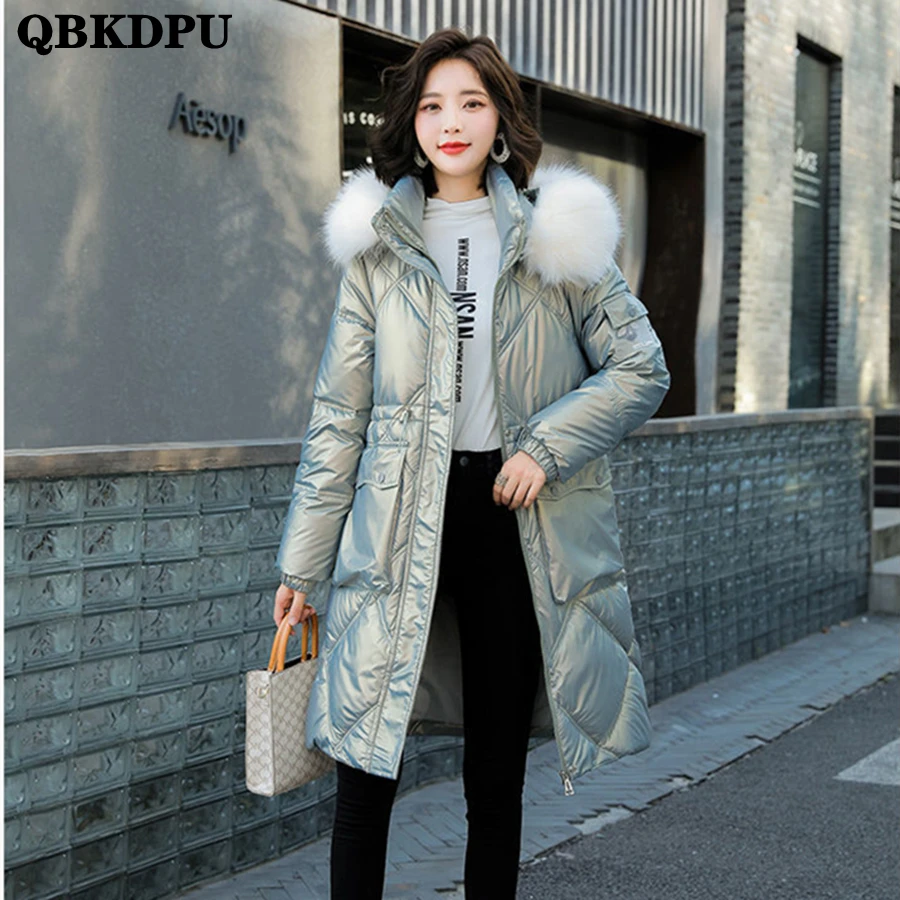 

Faux Fur Collar Hooded Cotton Padded Glossy Coat Women Warm Thick Overcoat Winter Outwear Top Snow Wear Overcoat Parkas Jackets