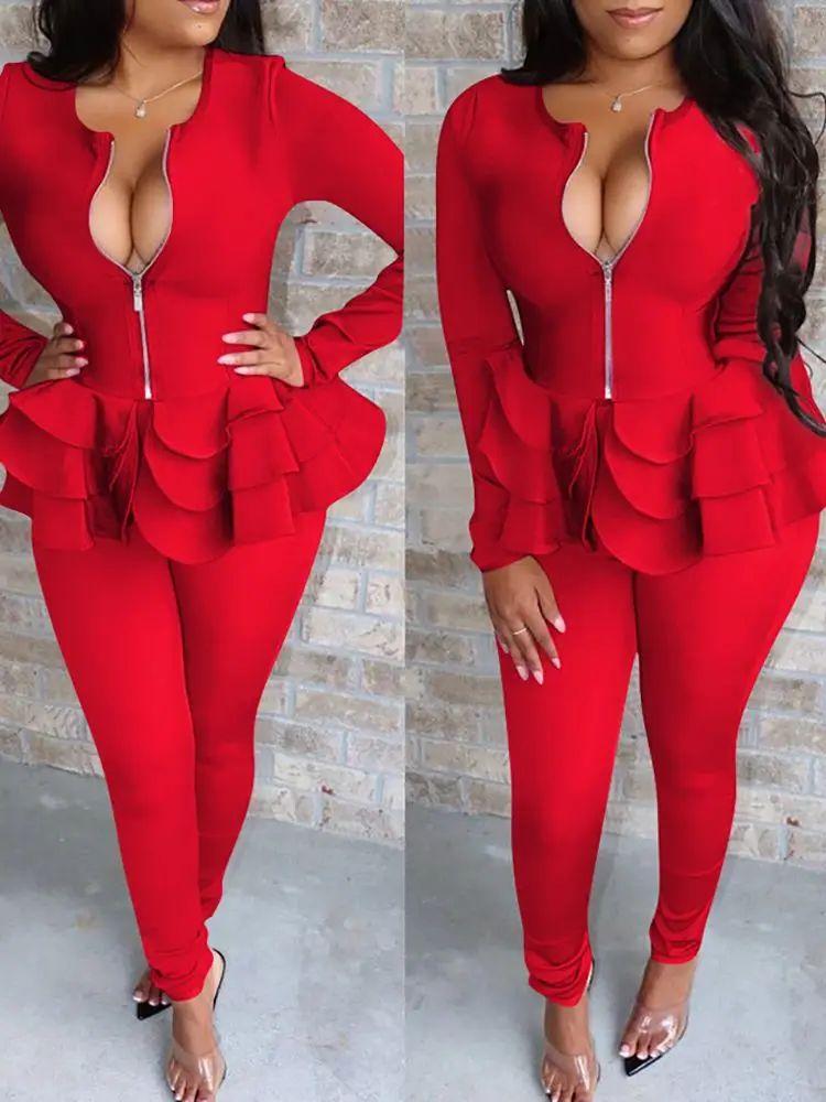 

Fashion Women Suit Sets Round Neck Two Piece Long Sleeve Solid Skinny Zipper Design Layered Ruffles Top & Pants Set