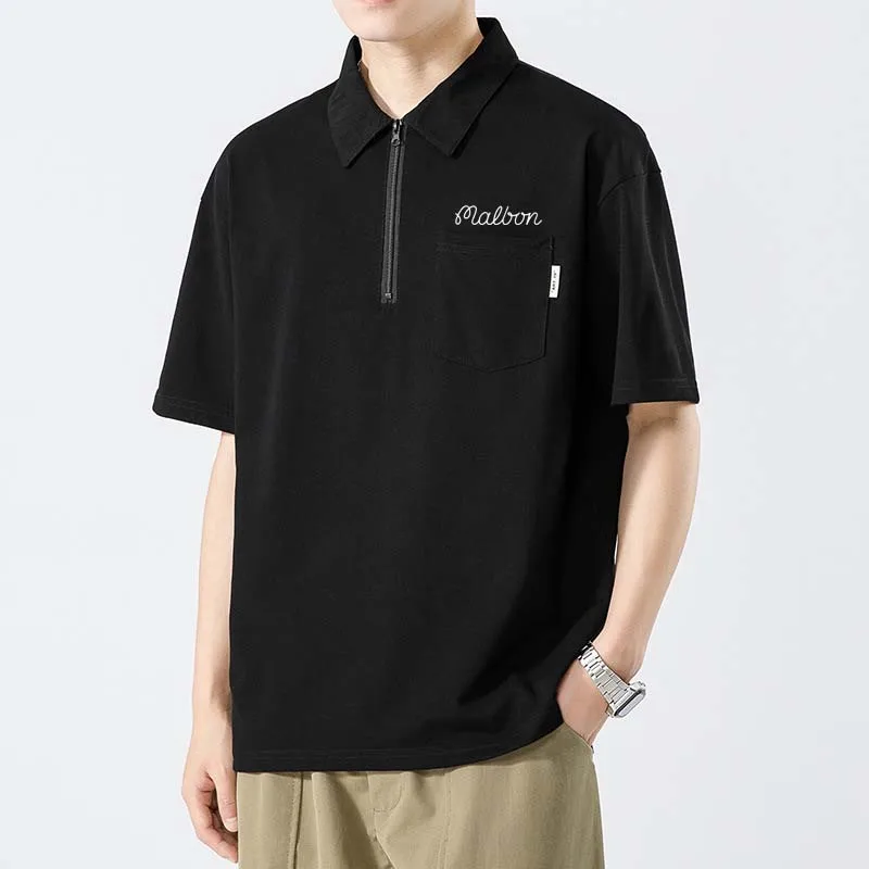 Men Wear Shirt Malbon Golf Polo t Short Men's Summer Collar Loose Fit Solid Color Zipper Breathable Casual Clothing
