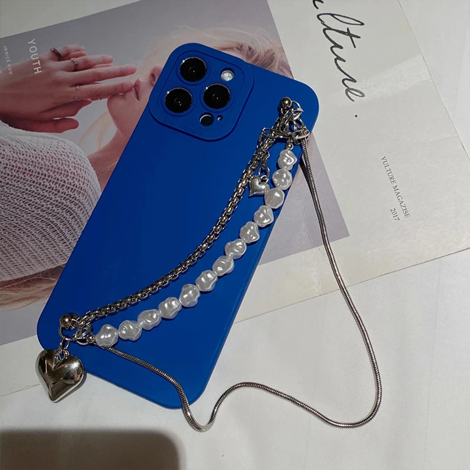 

Luxury Soft Black Blue Matte Case for iPhone 14 Pro Max with Wrist Strap Chain for iPhone 14 Plus Funda Shockproof Cover Women