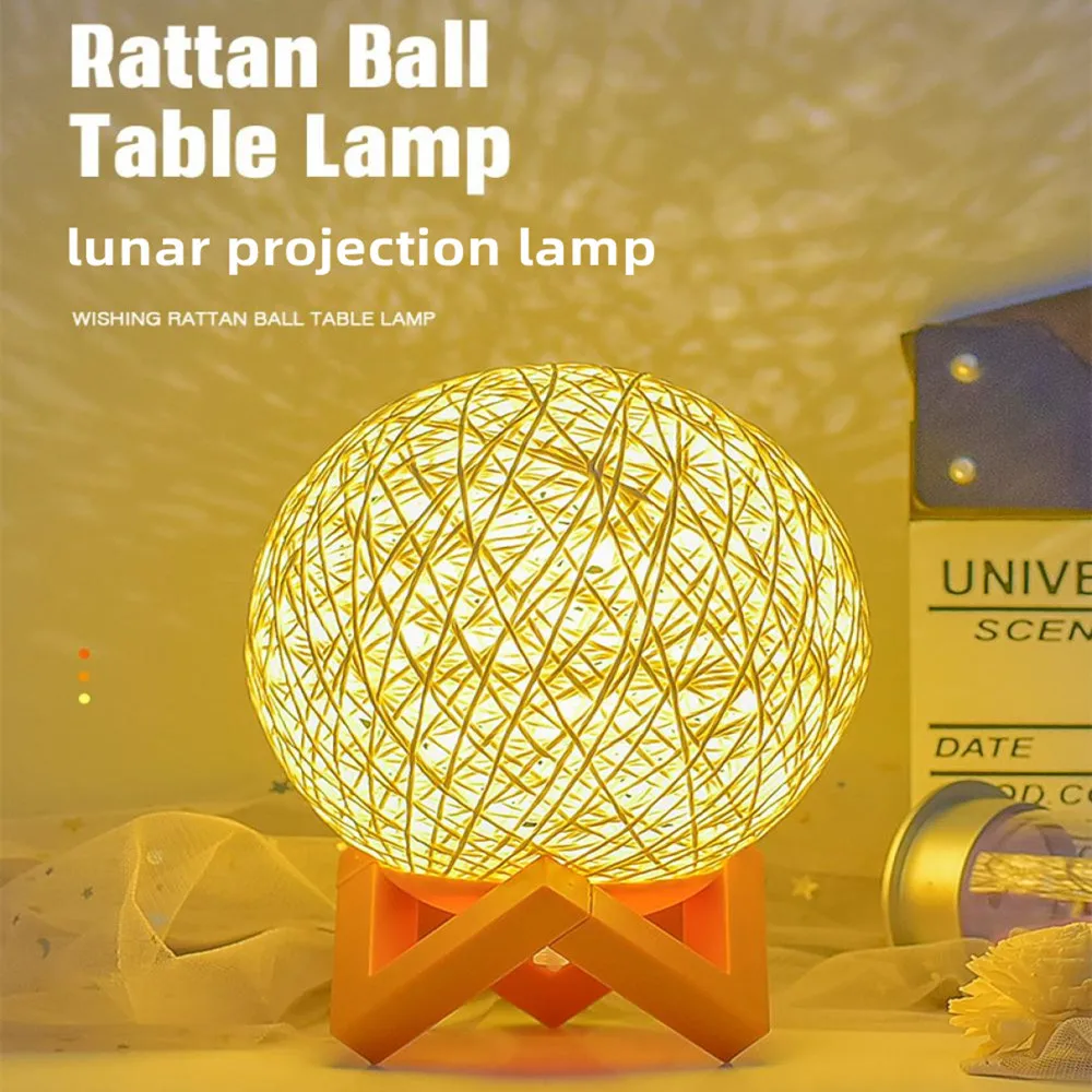 Rattan Ball Nightlight LED Star Moon Projection Lamp Dimmable Linen Ball Rattan Lampshade Home Decoration Sleeping Lantern Light