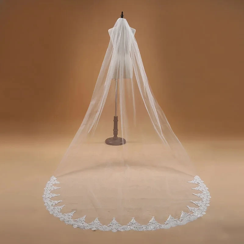 

Wholesale White Ivory Cheap Bridal Veil Lace Appliques 3 Meter Long Wedding Veils Novia accesorios Bride Velo De Novia