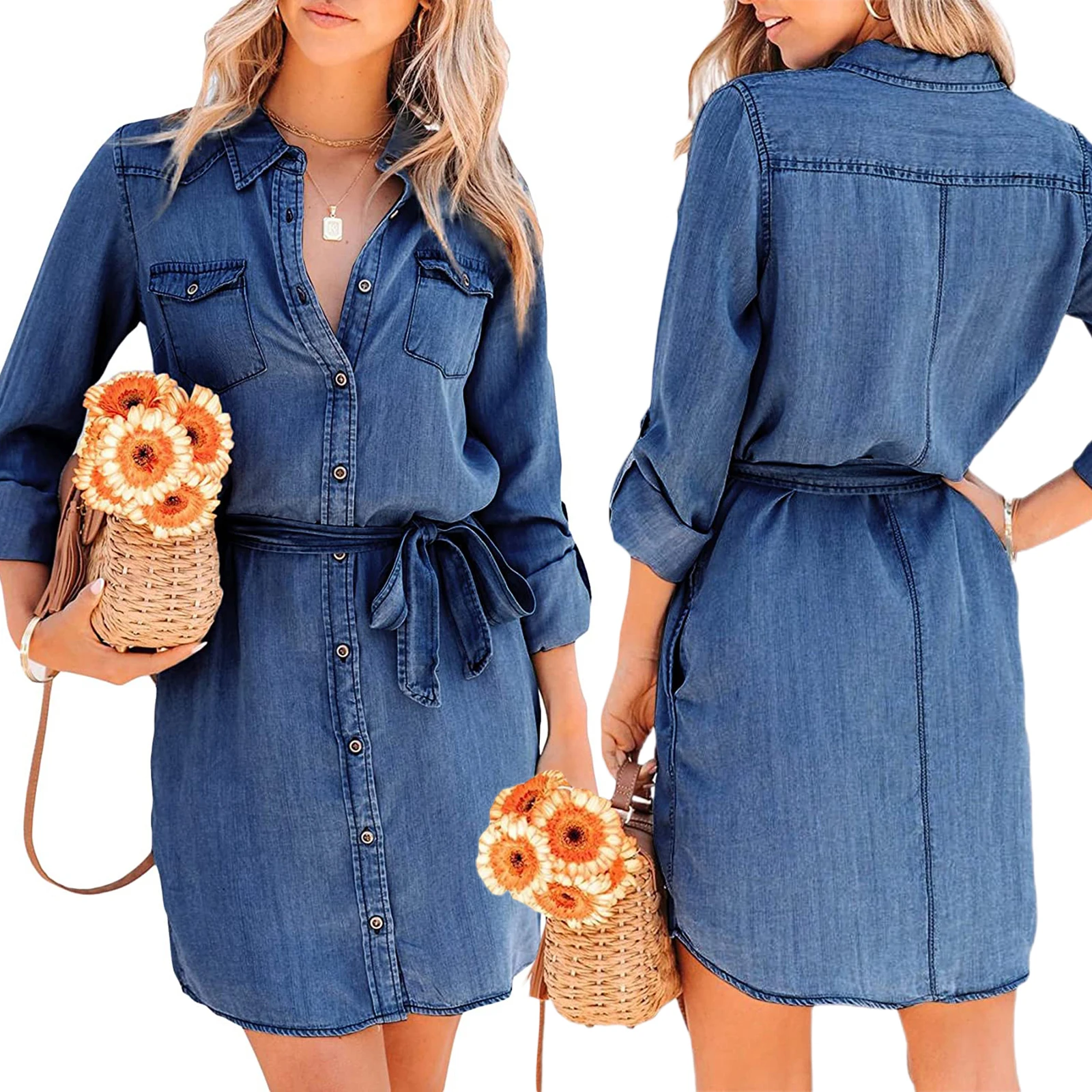 

Fashion Women Casual Denim Dress Solid Color Long Sleeve Button-Down Lapel Short Dress with Belt Shirts Dress