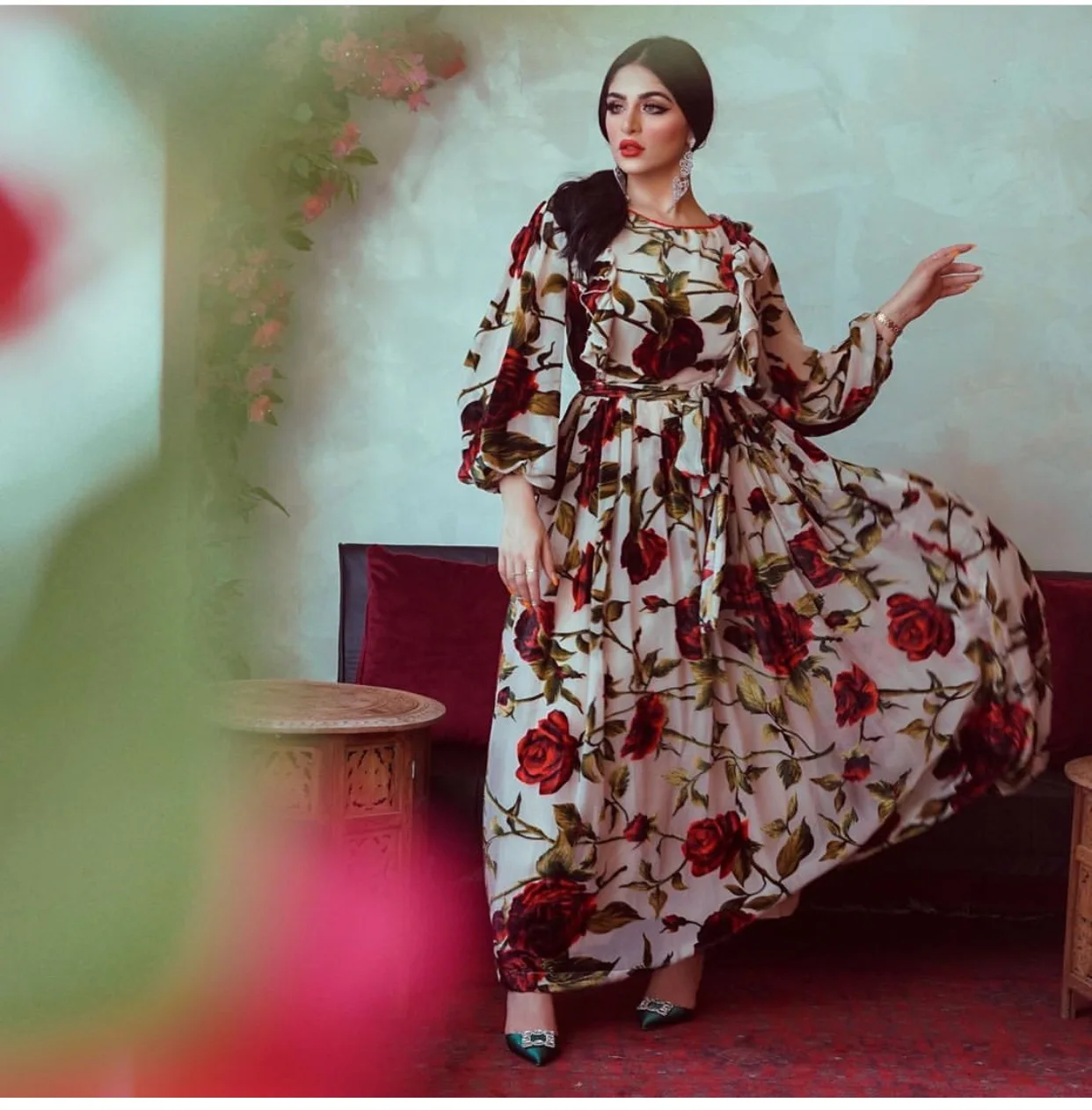Abaya Дубай, Арабский мусульманский хиджаб, женское платье с оборками и принтом роз, свободные платья, мусульманская одежда Kuftan, марокканский ...
