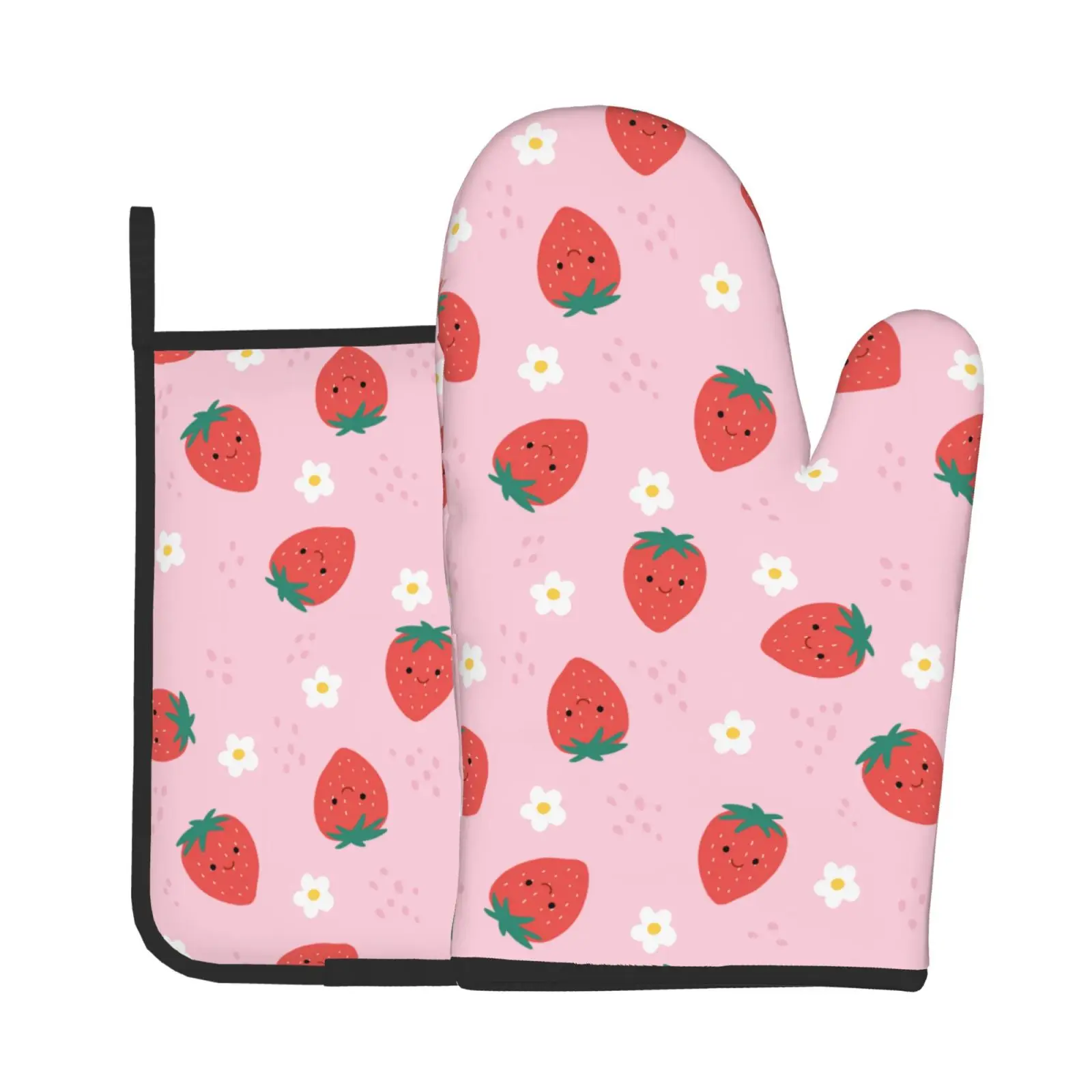 Рукавицы и варежки для духовки с клубничкой 2 шт. термостойкие Нескользящие