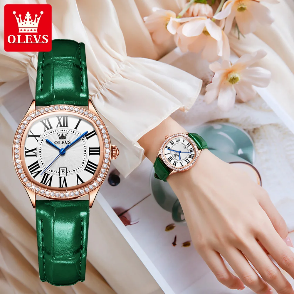 OLEVS женские часы кварцевые для женщин зеленые кожаные наручные с римскими