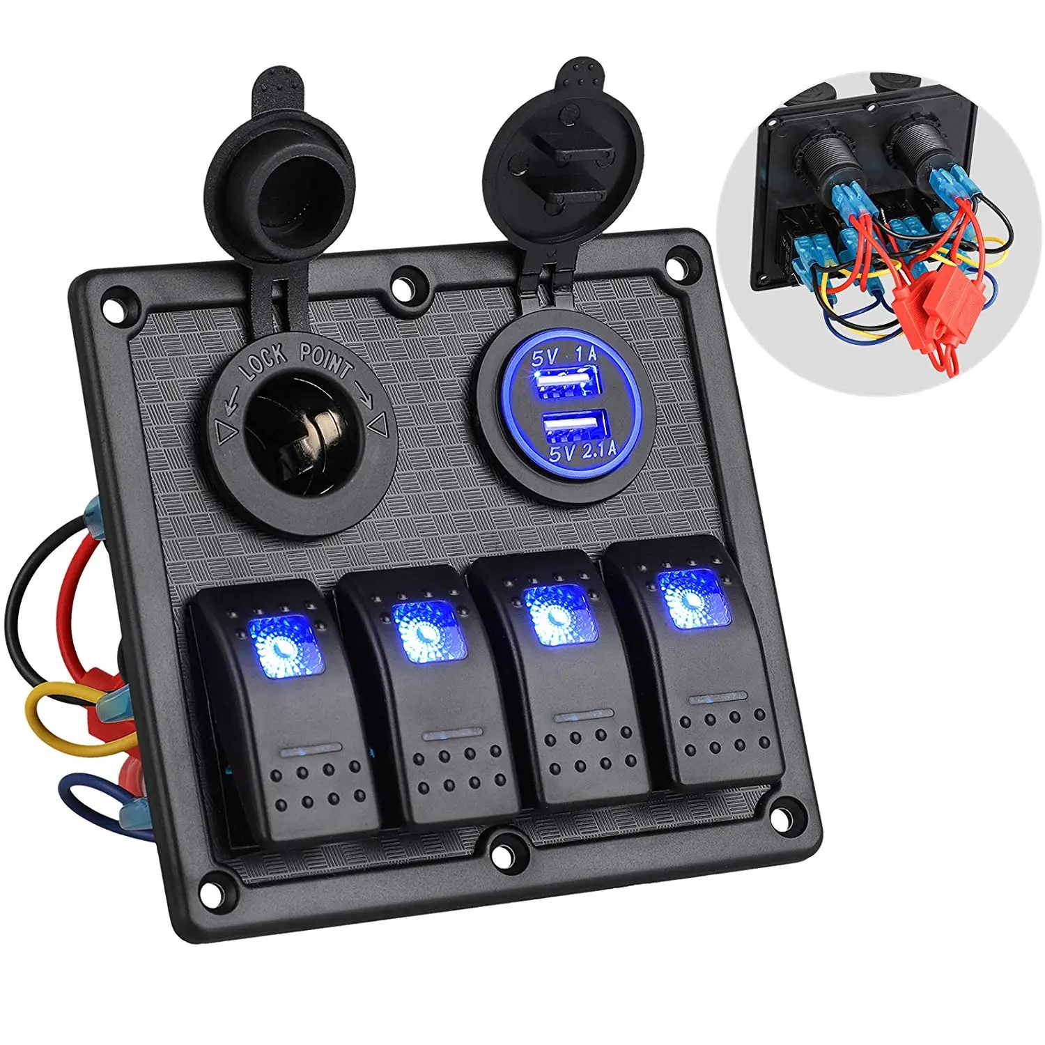 

4 Gang Marine Rocker Switch Panel With 4.2A Dual USB Charger Socket With 12V Cigarette Lighter Socket For Car Truck Boat RV