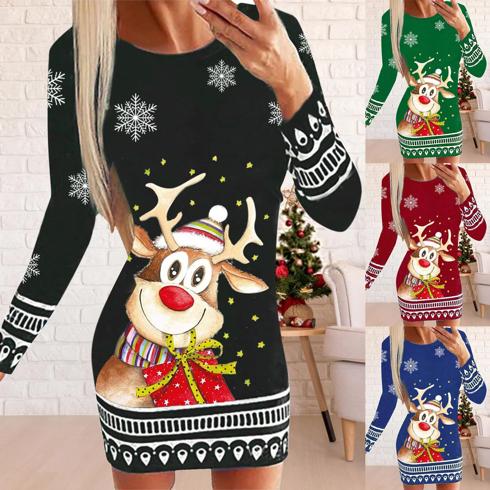 

Женские повседневные платья, платье с длинным рукавом и круглым вырезом, повседневное праздвечерние чное платье с рождественским принтом, ...