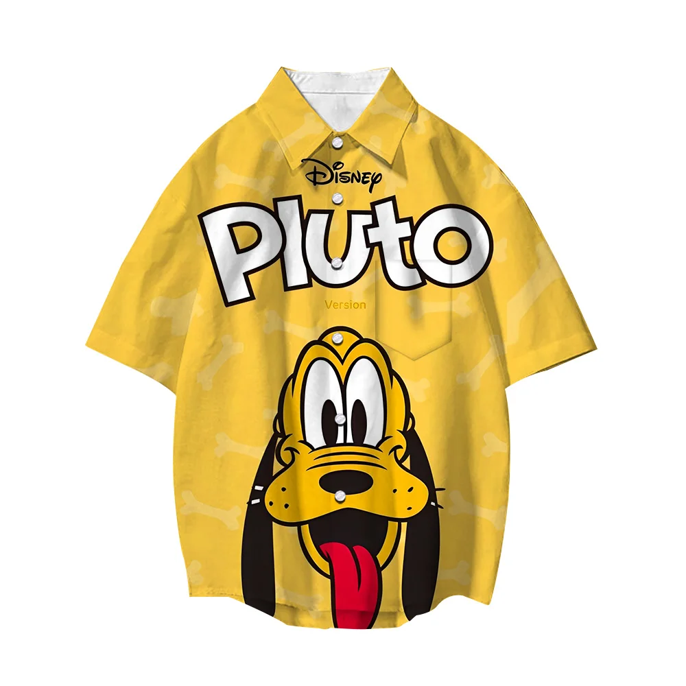 

3D Printed Disney Pluto Mickey Shirts Men Women Street Tops Cartoon Lapel Short Sleeve Boys Girls Casual Button Loose Shirt