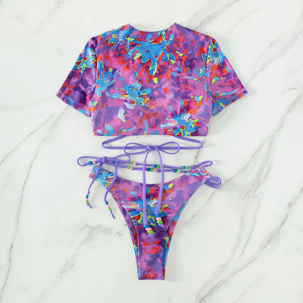 Two-piece Short Sleeve Swimsuit Women 2023 Summer Sexy Mini Bikini Sets Print Swimwear Low Waist Cross Tie Beachwear