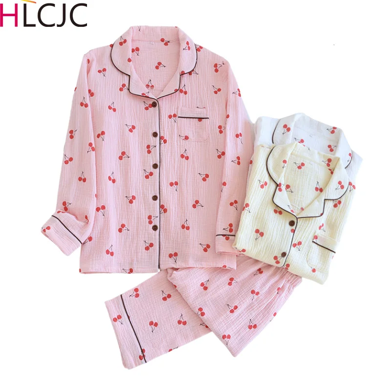 

Japanese Simple Spring And Autumn Ladies Pajamas Two-piece Long-sleeved Trousers 100% Cotton Crepe Pyjamas Femme Home Service
