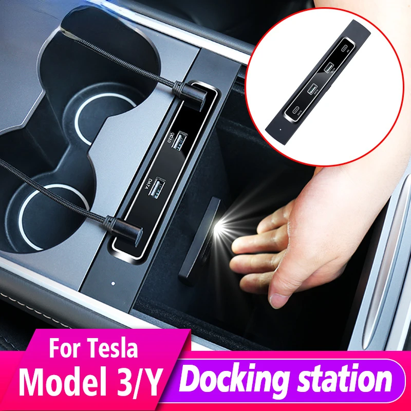 

For Tesla 2021-2022 Model 3 Model Y 27W Quick Charger Intelligent USB Docking Station Shunt Hub Decoration Interior Accessories