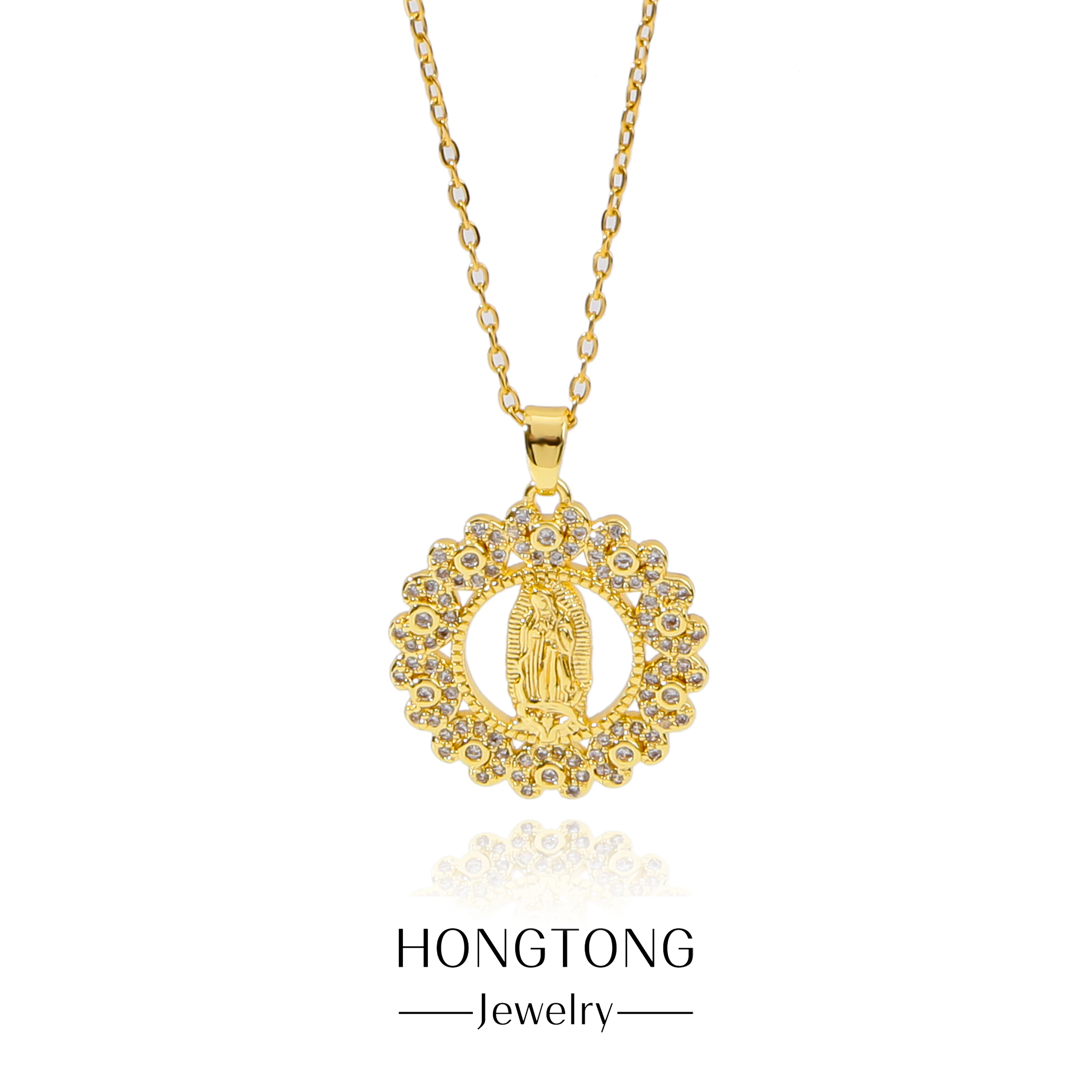 

HONGTONG Round Hollowed Out Monochrome Diamond Edged Heart Virgin Mary Pendant Stainless Steel Necklace Religious Accessories