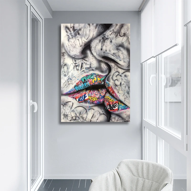 

Street Graffiti Canvas Painting Kiss Holding Hands Wall Posters and Prints Abstract Wall Art Picture for Living Room Home Decor