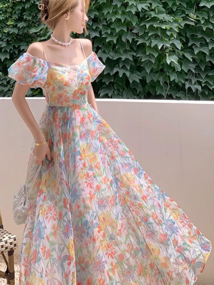 

Элегантное Сетчатое платье с цветочным рисунком, женское платье-трапеция на бретелях-спагетти с вырезом лодочкой и пышными рукавами, шикарное праздничное платье в Корейском стиле, одежда Mujers