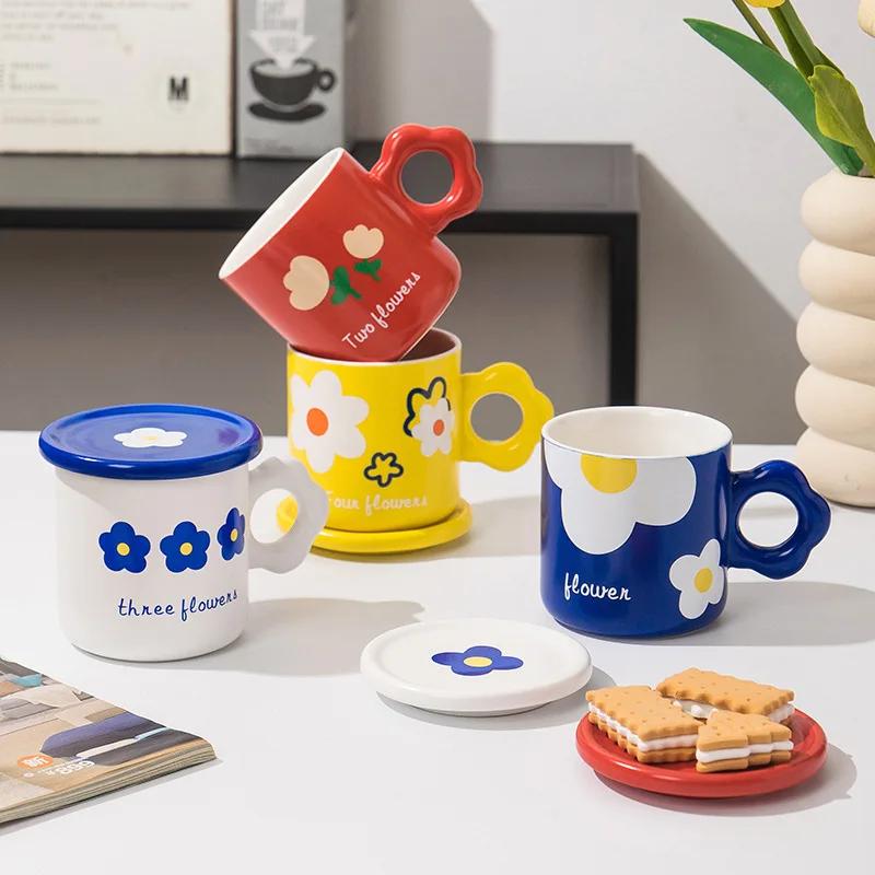 

2022 Hand-painted Flower Ceramic Coffee Cup Home Office Mug With Saucer Breakfast Milk Juice Tea Handle Cup Gift