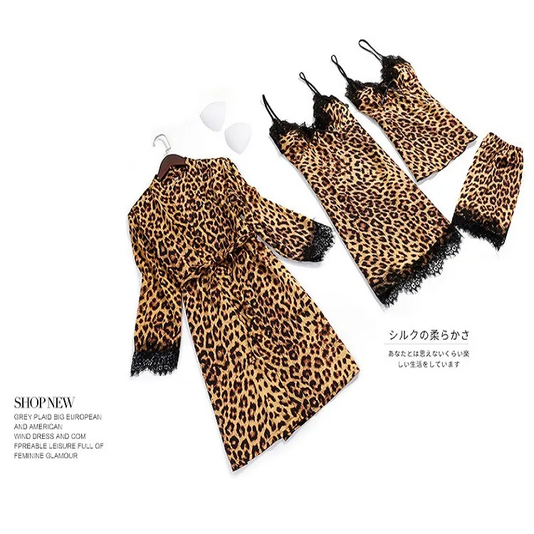 

Новинка 2020 Пижама женская из четырех частей ледяной шелк пикантная юбка с леопардовым принтом на бретелях шорты костюм домашняя пижама