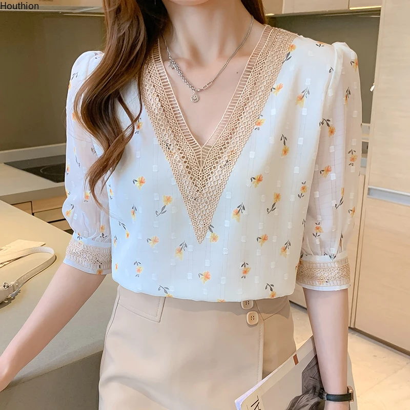 

Summer New Women's Blouses V-neck Shirt Short Sleeve Top Printed Chiffon Splicing Casual Fashion Lady Clothing Houthion