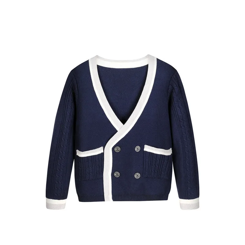 Трикотажный двубортный кардиган для мальчиков, свитер в английском стиле, униформа для подростков, темно-синий, весна-осень