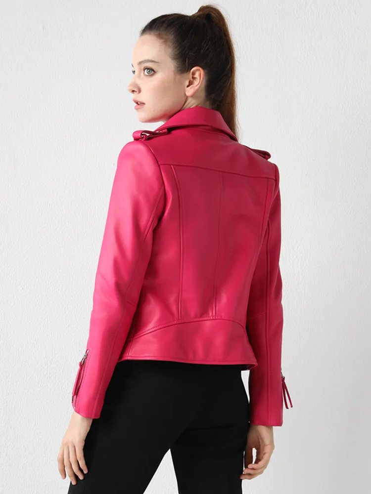 New Women Genuine Leather Jacket Spring Autumn Fashion Long Sleeve Soft Sheepskin Short Biker Coat Rose Slim Outerwear Female