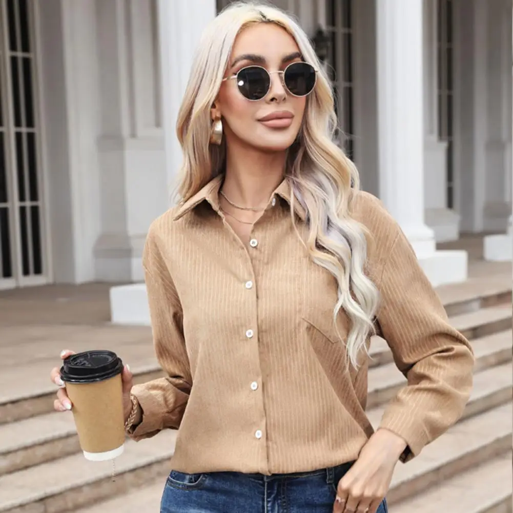 

Women Spring Autumn Top Lapel Long Sleeve Shirt Tops Patch Pocket Striped Print Loose Fit Single Breasted Shirt Streetwear