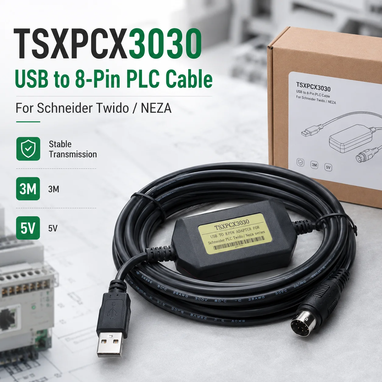 Фото Кабель для программирования ПЛК TSXPCX3030 USB для Schneider Twido NEZA Series, 8-контактный, 3 м, 5 В, коммуникационный адаптер для загрузки программ №1