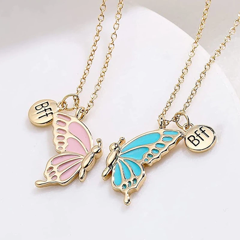 2PCS Best Friend Butterfly Necklaces BFF Friendship Necklace for 2 Girls Lover Couple Necklace Long Distance Birthday Gifts