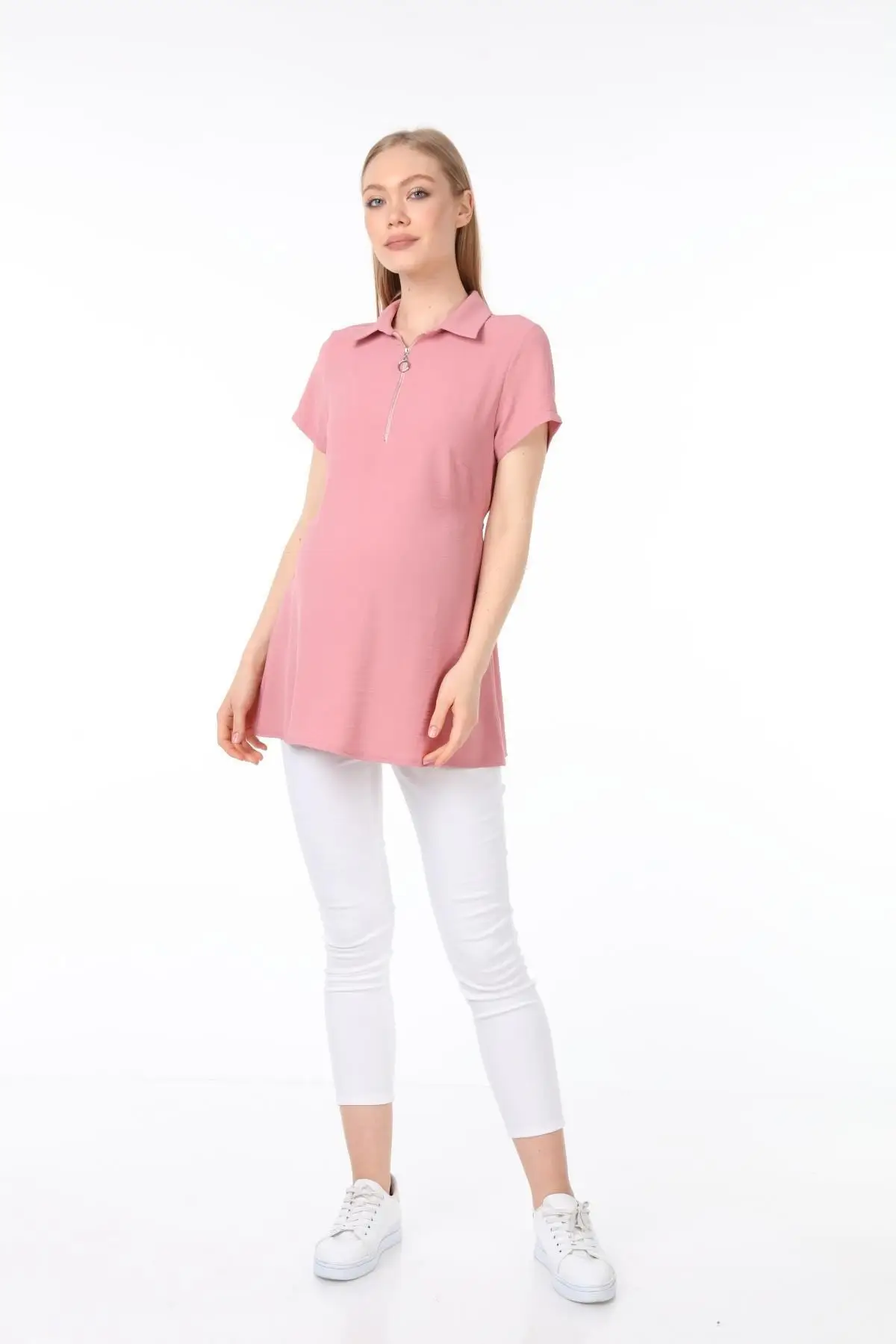 

Maternity Fashion Zipper Polo Collar Breastfeeding Detail Maternity Shirt