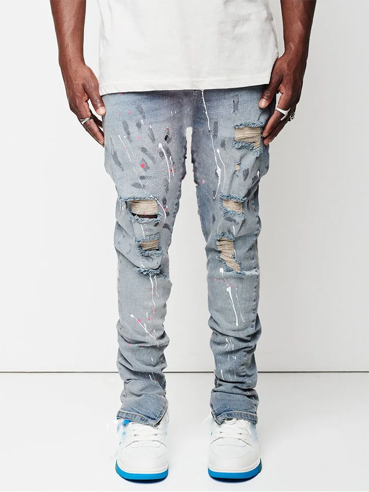 Men's Painted Slim Fit Side Slit Zipper Jeans Cotton Ripped Autumn High Street Fashion Knee Abrasion Light Blue Jeans HIP HOP