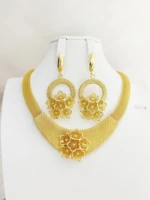 necklace earrings three piece set of gold color fashion jewelry ladies wear party wedding anniversary