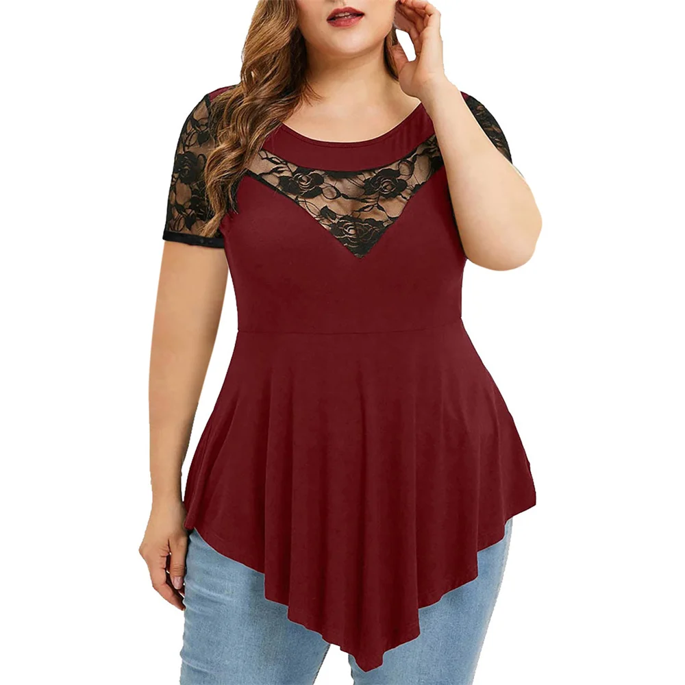 

5XL Plus Size Tunic Tops Women Floral Lace Patchwork Asymmetric Tee Shirts Solid Color O-Neck Short Sleeve Large Peplum Tops