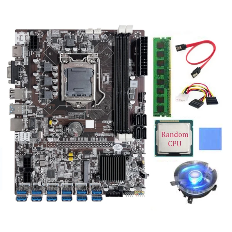 

B75 ETH Mining Motherboard LGA1155 12 PCIE To USB With Random CPU+DDR3 4GB 1600Mhz RAM For Graphics Card B75 BTC Mining