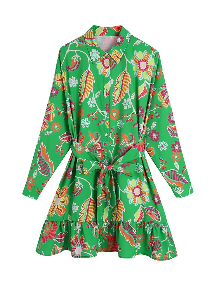 

TFMLN 2022 Summer Women Printed Dress With Belt Sweet Girls Vintage Mini Long Sleeve Dress High Waist Ruffles Outwear
