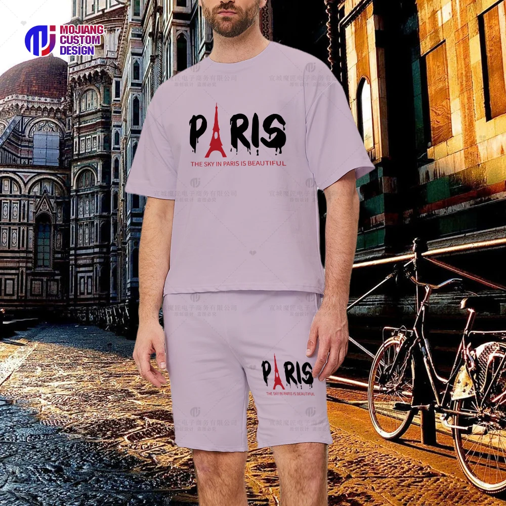Eiffel Tower and Slogan Graphic Print Men's T-Shirts Graphic Summer Cotton Shorts High-end Graphic Hip Hop Tops Shirt Sets