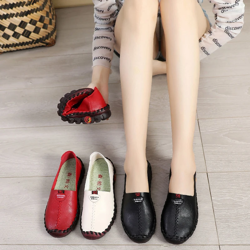 Wide Fit Thick Sole Flats Korean Style Shoes For Women Cozy Leather Slip On Shoes Pregnant Woman Maternity Shoes Women's Loafers