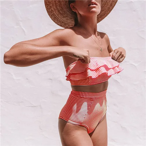 

Sexy High Waist Bikini Swimsuit Women Ruffle Swimwear Striped Bikini Set Off Shoulder Bandeau Bathing Suit Summer Beachwear