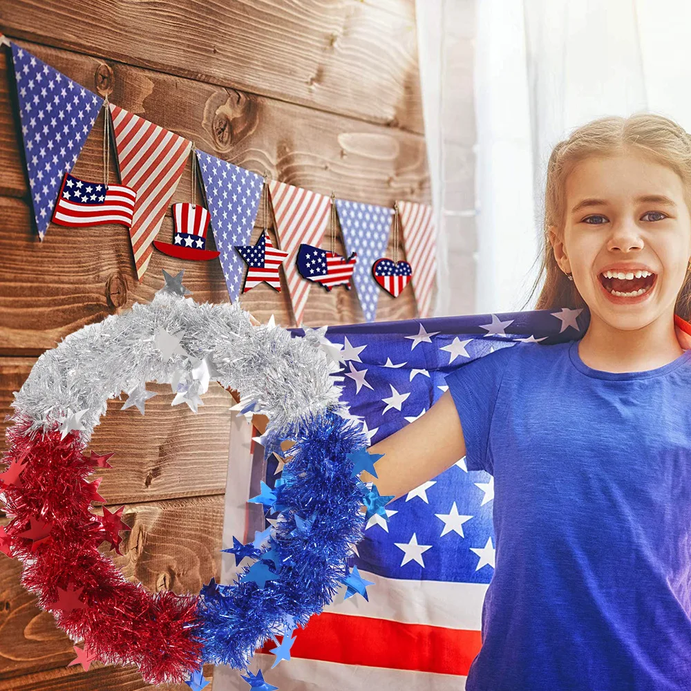

New American Independence Day Wreath Decoration Home Interior Pendant Door Hanging Star Red Blue Silver