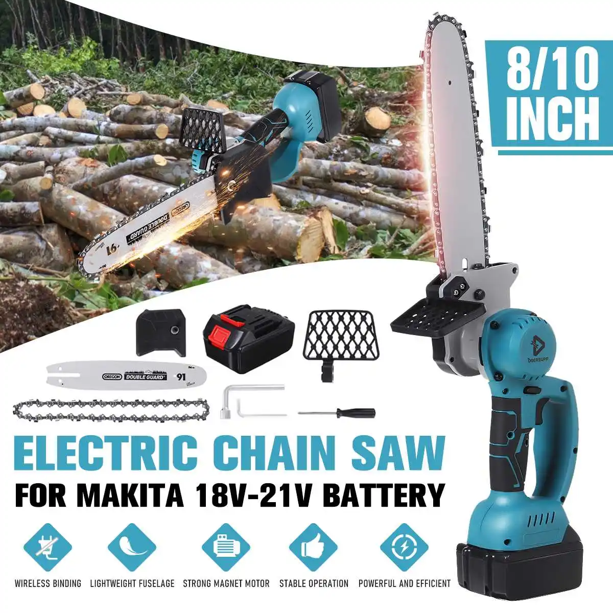 

21V 8 / 10 inch Electric Saw Brushless Chainsaw with Li-ion Battery Wood Cutter One-Handed Saw Power Tool for Makita 18V Battery