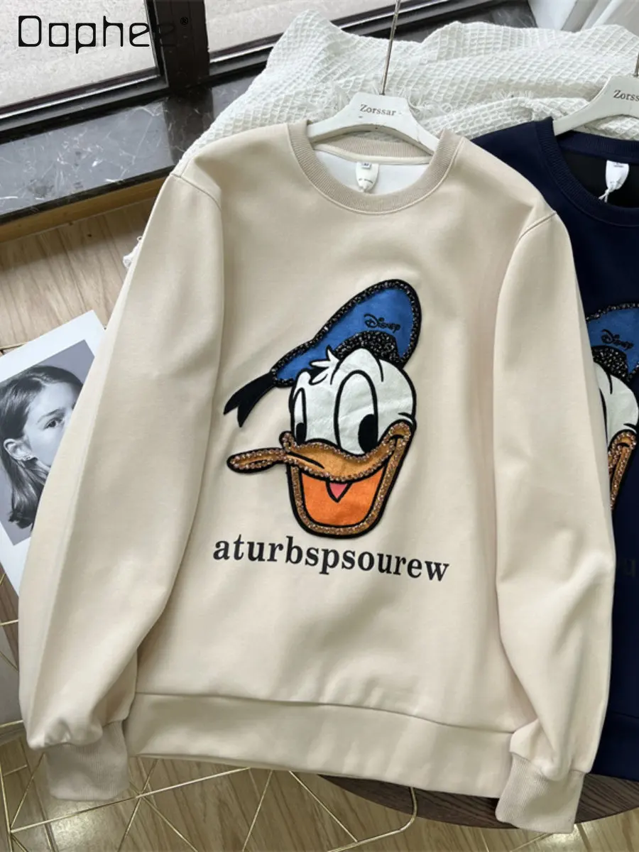 

Spring and Autumn New Oversized Women's Sweatshirts Heavy Industry Beads Cartoon Embroidered Donald Duck Air Cotton Hoodie Coat