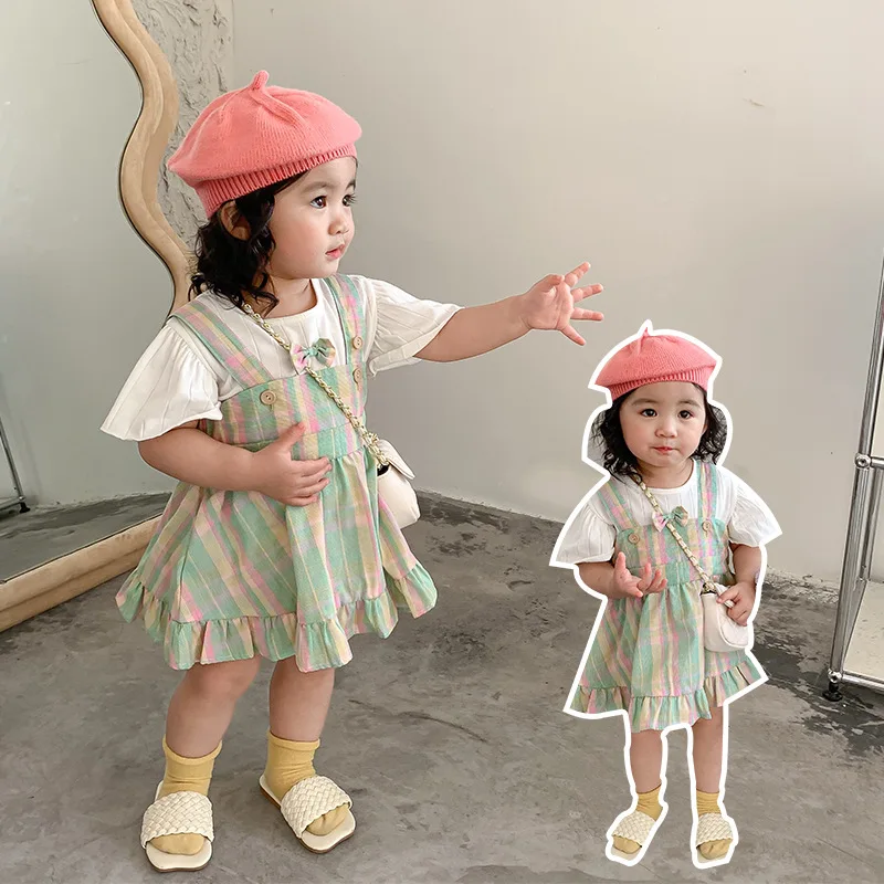 

New Baby Short Sleeve Top Colorblock Strap Girls Dress Two Piece Baby Set