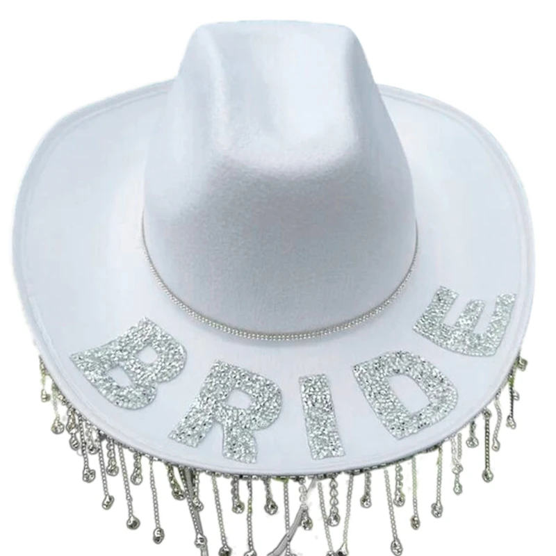 

White Cowgirl Hats BRIDE Cowboy Hat with Rhinestones, Tassels and Adjustable Strings Adult Size Cowboy Hats for Party DropShip