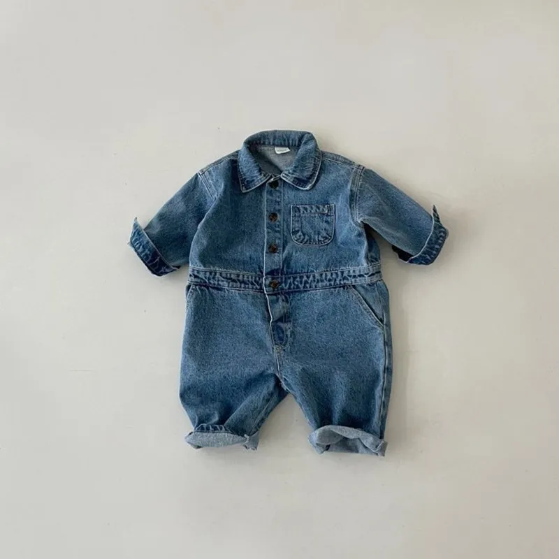 

Spring Autumn Clothes Kid Dungarees Newborn Boy Cardigan Pocket Denim Jumpsuit Girl Baby Retro Cotton Long Sleeve Casual Romper