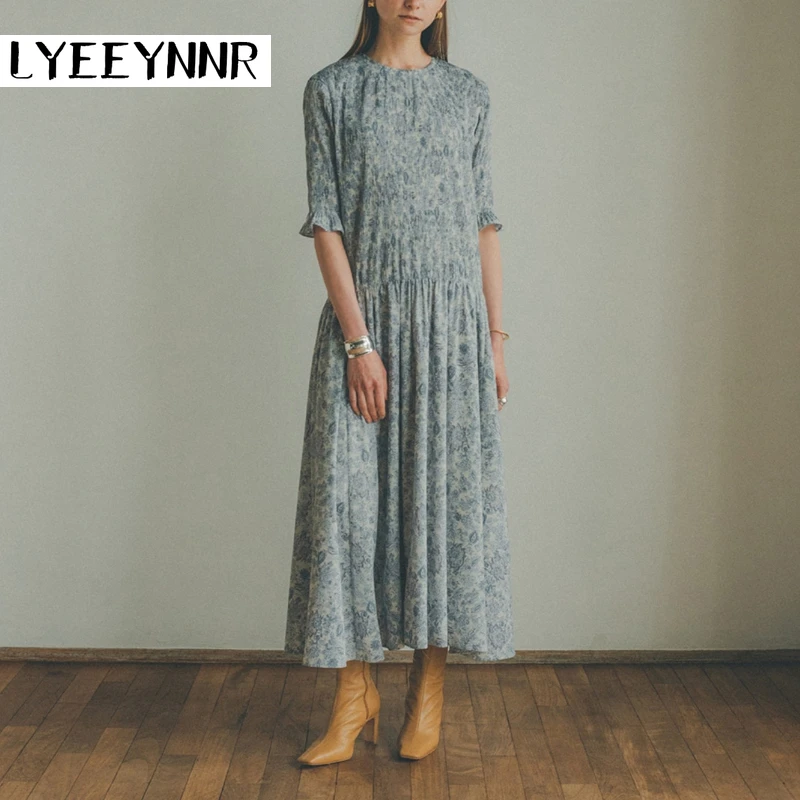 

LYEEYNNR New Arrival Printed Dress Women Japan Style O-neck Mid Calf Big Swing Dresses Loose Casual Soft Literary Robe Femme