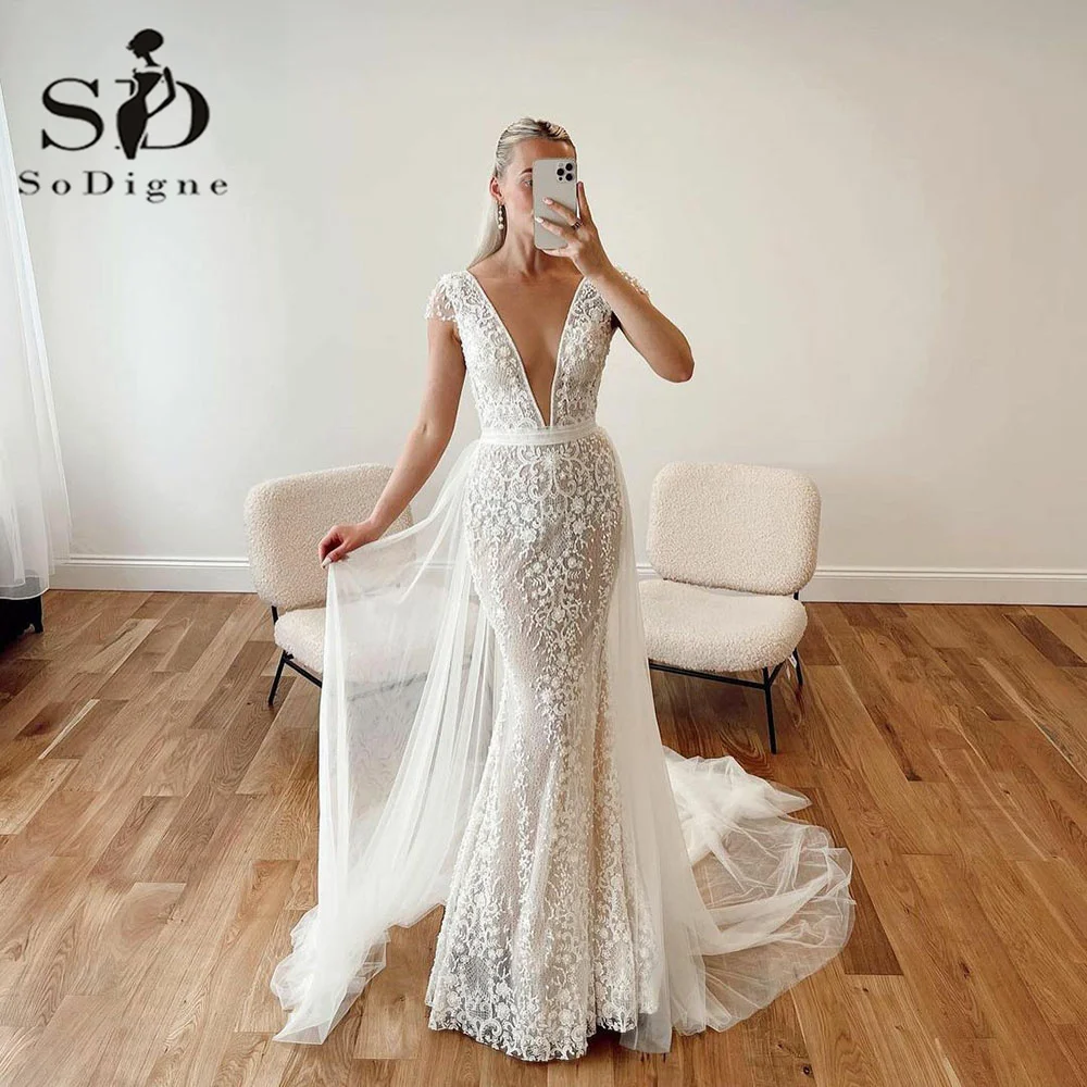 

SoDigne Deep V Neck Mermaid Wedding Dresses With Overskirt Train Lace Appliques Bridal Gown 2023 vestido de casamento Custom