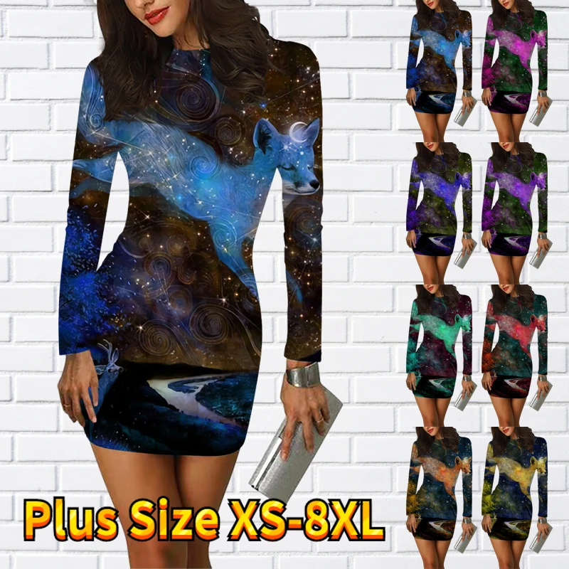 

Autumn Winter New Design Printing Long Sleeve Skirt Vintage Dress Tight Skirt Short Skirts Everyday Street Round Neck Mini Skirt