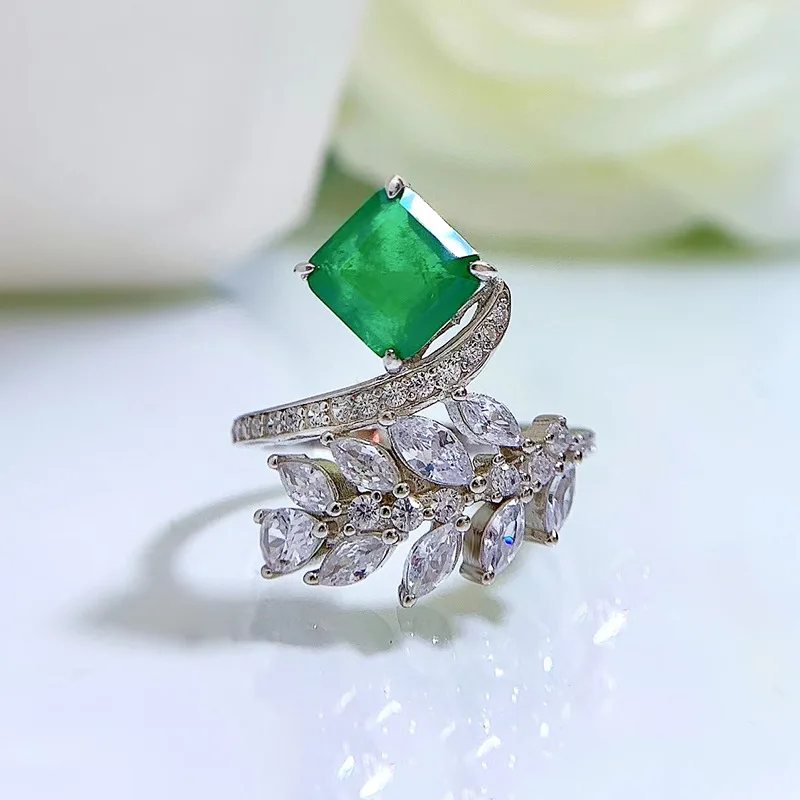 

2022 new S925 silver simulation emerald 7*7 geometric niche design fashion ring