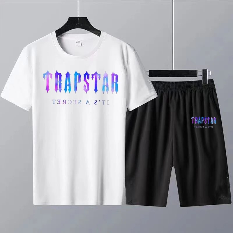 Summer Trapstar Shorts and T Shirt Set 100% Cotton Men's T-Shirt Blue Letters Print 2 Piece Suit Women's Tracksuit Free Shipping