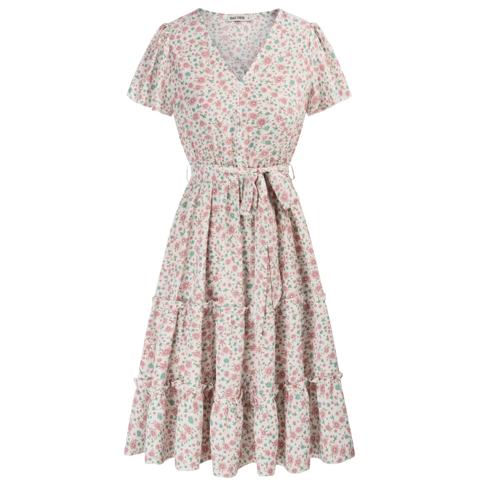 

GK Dresses For Women 2022 Casual Floral Printed Tiered Dress With Belt Summer New Short Sleeve V-Neck Elastic Waist A-Line Dress